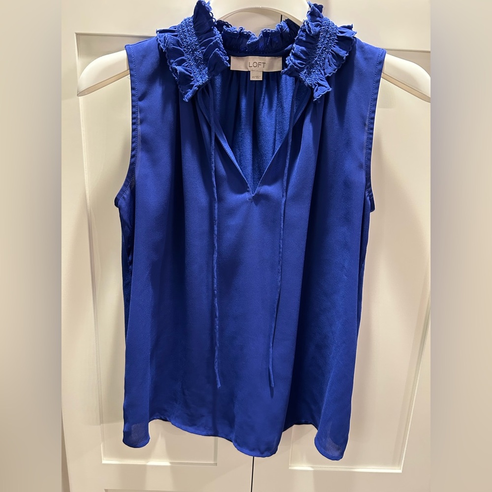 LOFT Cobalt Blue ruffle tie neck mixed media top